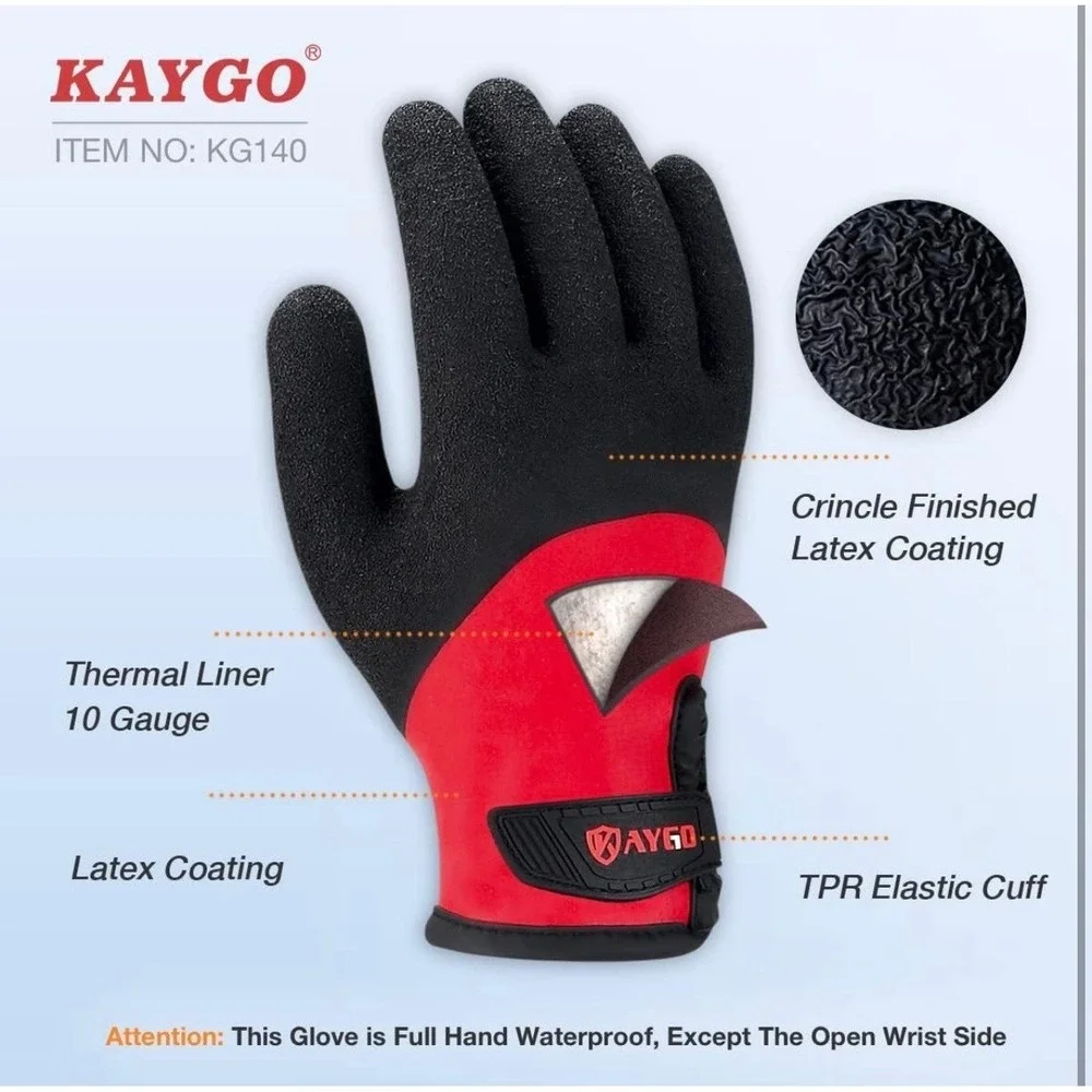 KAYGO KG140W Winter Work Gloves Double Dipped Waterproof Thermal Red Black S/7
